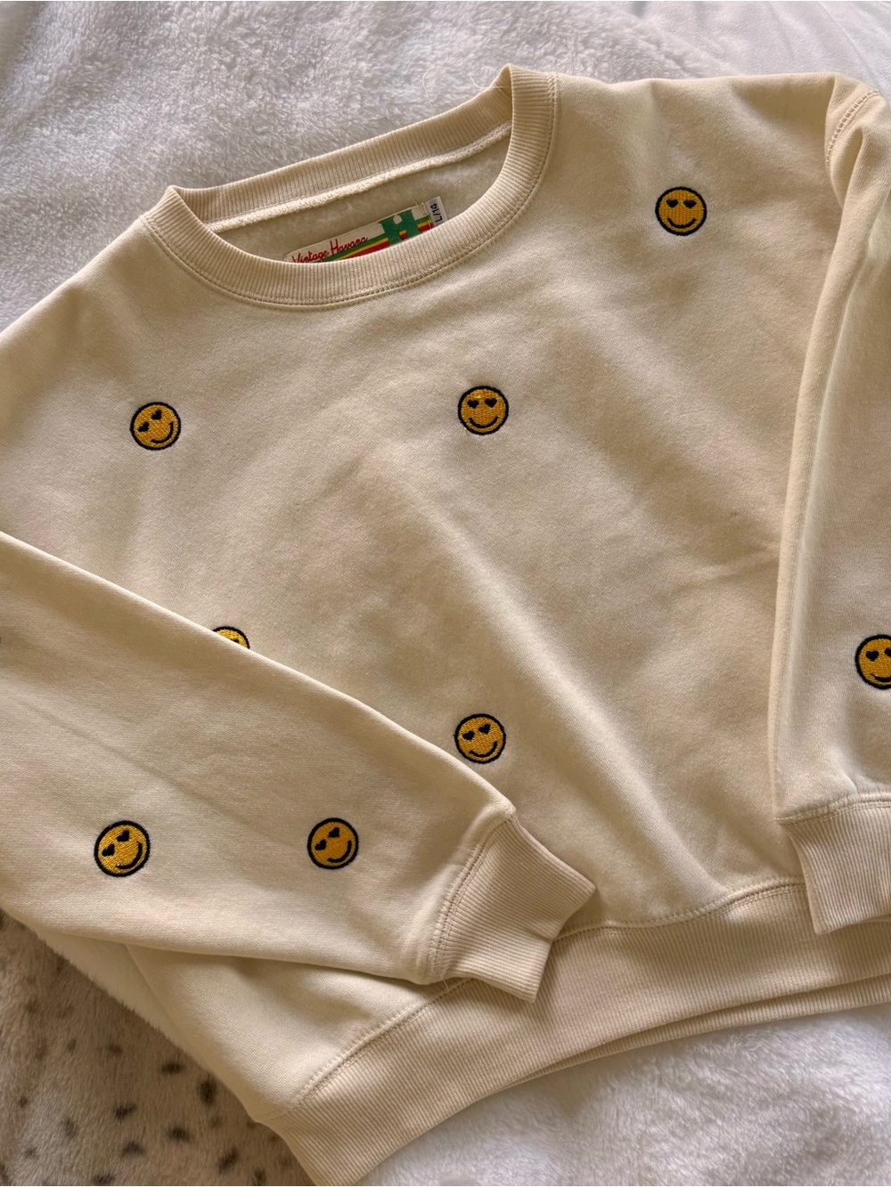 Vintage Havana Cream Sweatshirt with Yellow Smiley Face